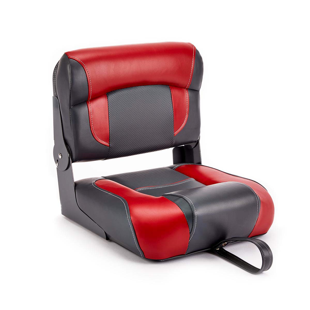Hinge Mount Low Back Folding Boat Seat Charcoal Red Marine Grade Vinyl for sale #color_charcoal & red