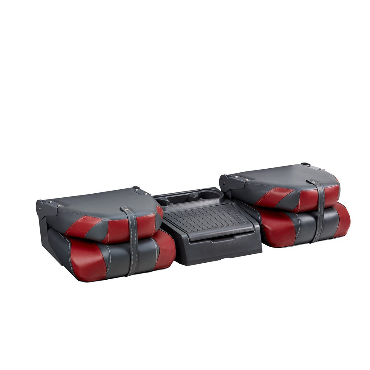 DeckMate Bass Boat Folding Bench Seat Set with center console closed #color_charcoal & red