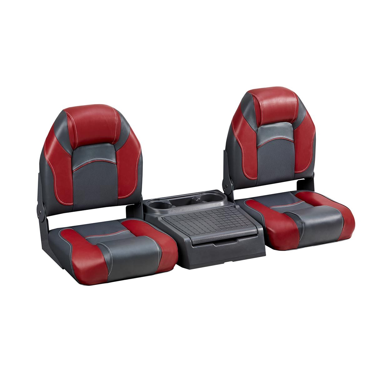 DeckMate Bass Boat Folding Bench Seat Set with center console #color_charcoal & red