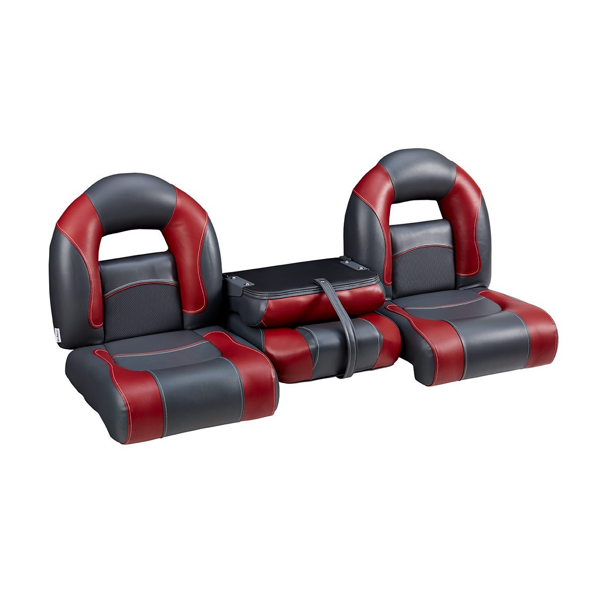 DeckMate Nitro Bass Boat Bench Set with folding step-back seat closed #color_charcoal & red