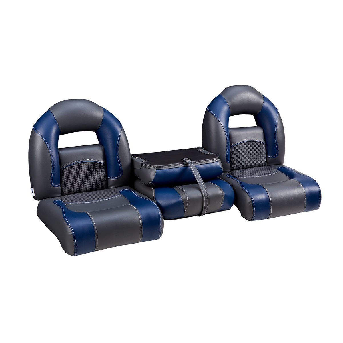 DeckMate Nitro Bass Boat Bench Set with folding step-back seat closed #color_charcoal & blue