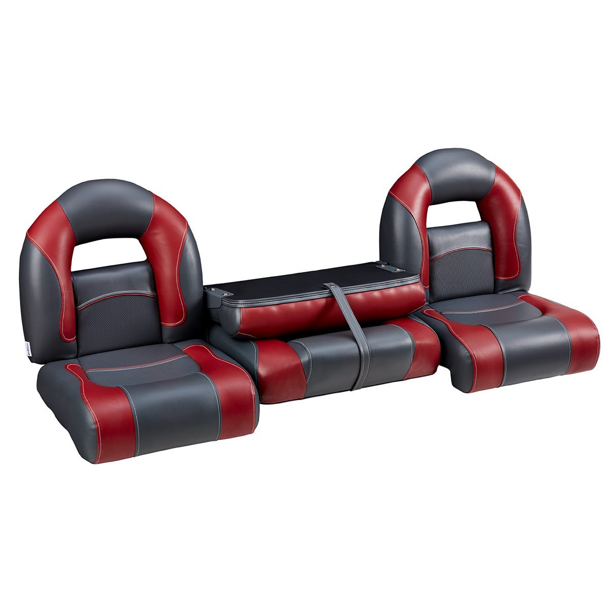 DeckMate Nitro Bass Boat Bench Set with wide folding middle seat closed #color_charcoal & red