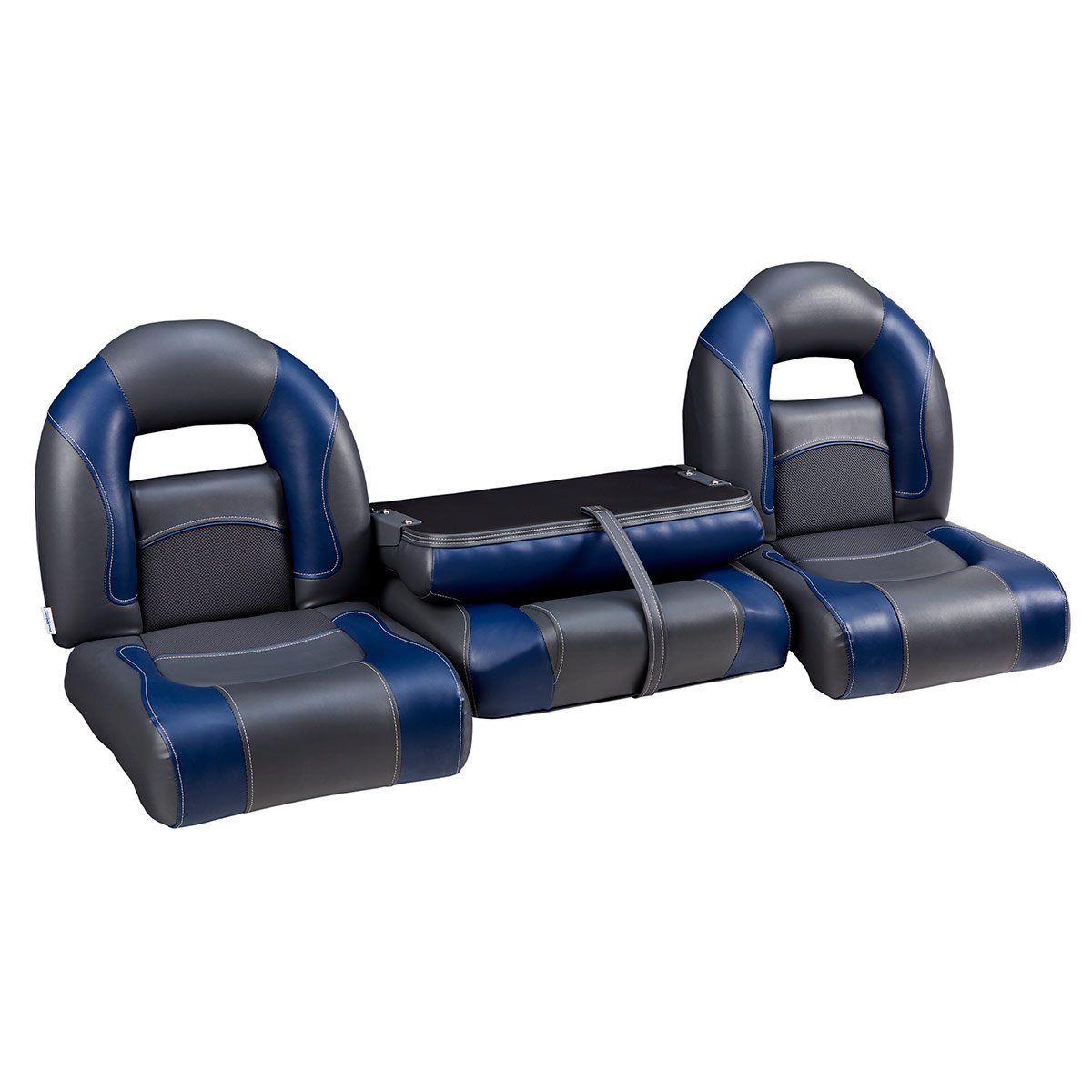 DeckMate Nitro Bass Boat Bench Set with wide folding middle seat closed #color_charcoal & blue