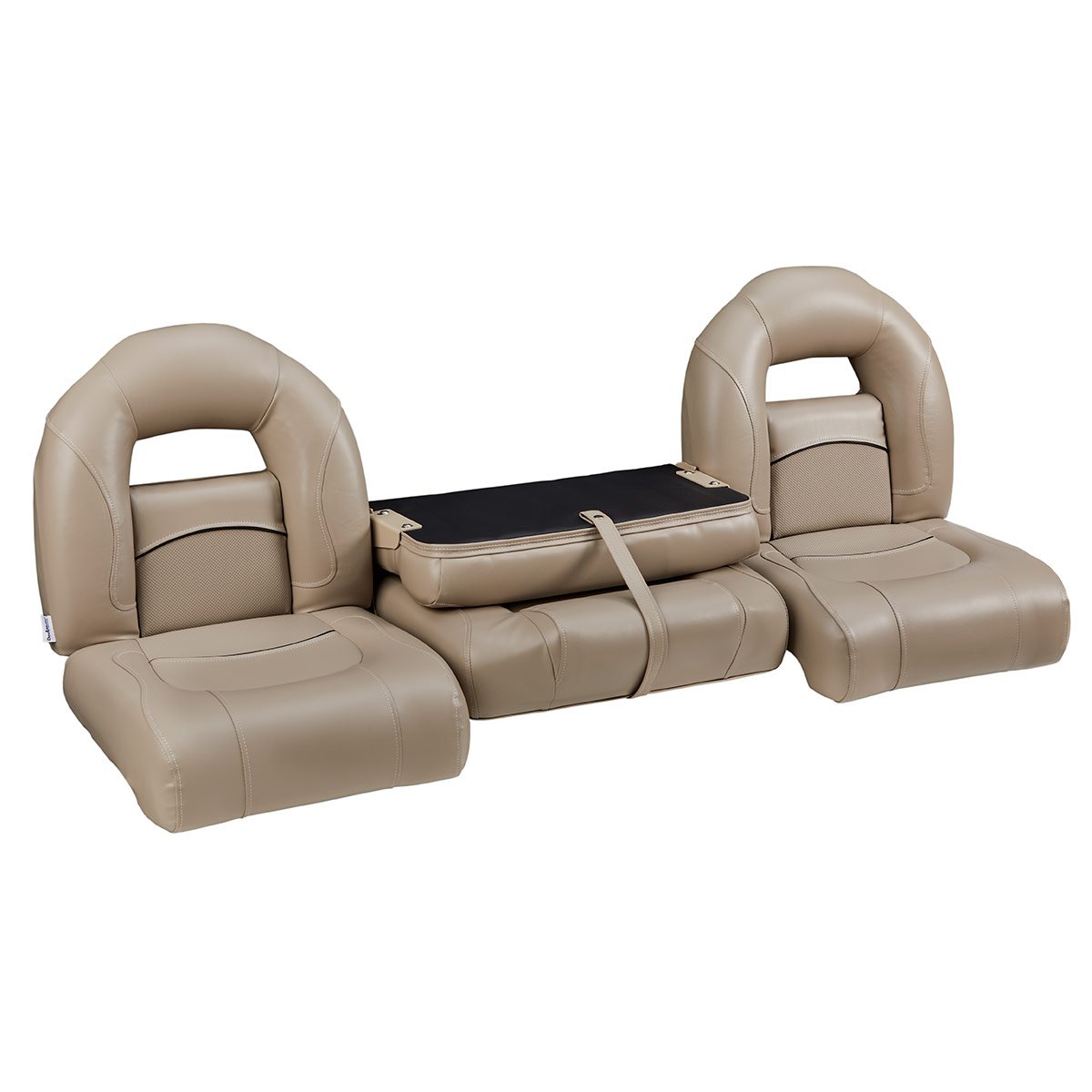 DeckMate Nitro Bass Boat Bench Set with wide folding middle seat closed #color_tan