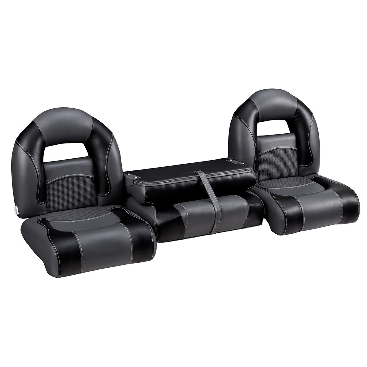 DeckMate Nitro Bass Boat Bench Set with wide folding middle seat closed #color_charcoal & black