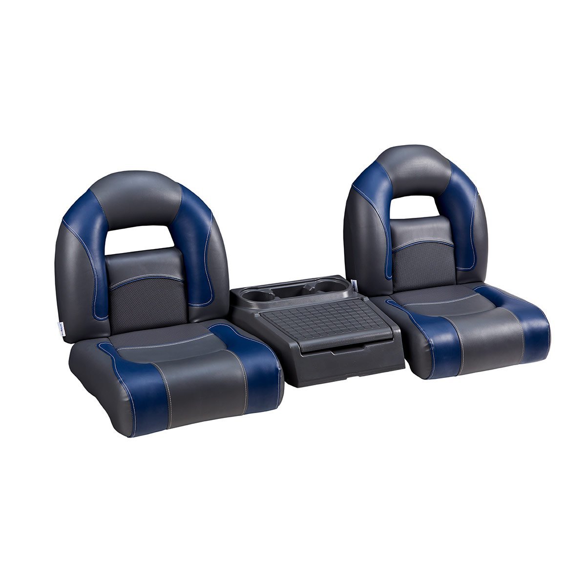 DeckMate Compact Bass Boat Bench Seat Set with center console #color_charcoal & blue