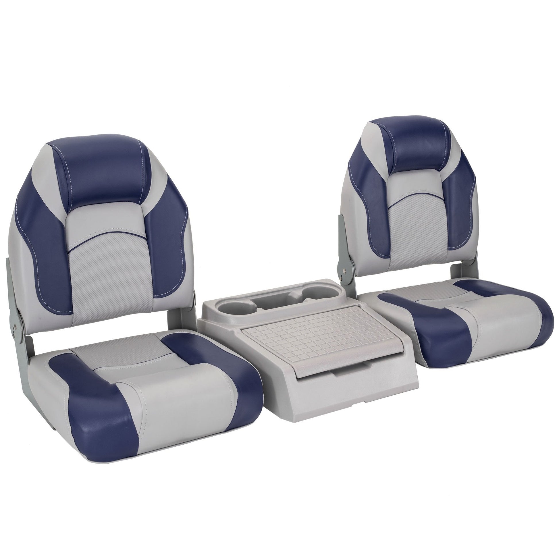 DeckMate Bass Boat Folding Bench Seat Set with center console #color_gray & blue
