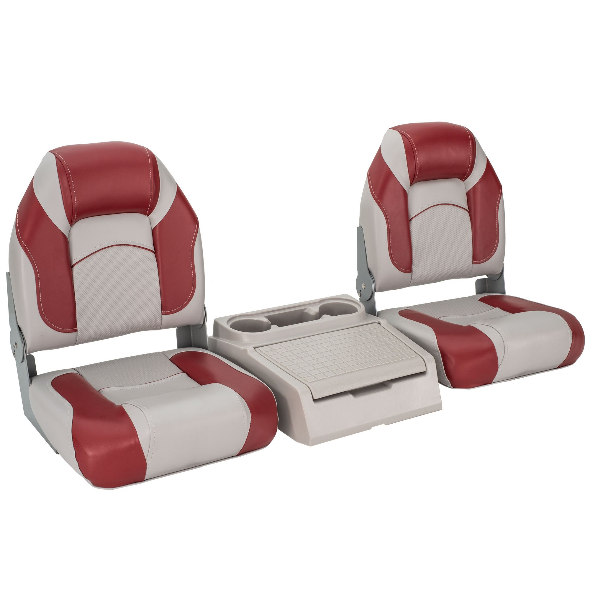DeckMate Bass Boat Folding Bench Seat Set with center console #color_gray & red